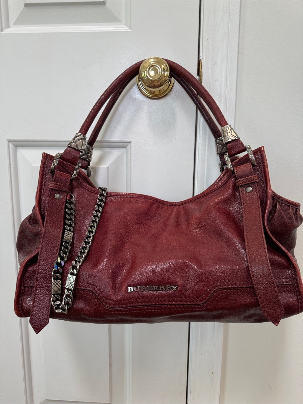 Burberry Deep Wine Leather Shoulder Bag with Chain Detail